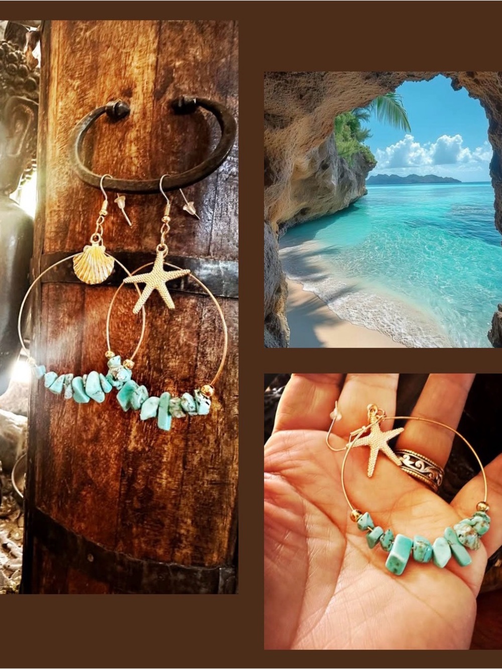 Restock Summer Gold Beach Hoops: Shell, Starfish & turquoise chips